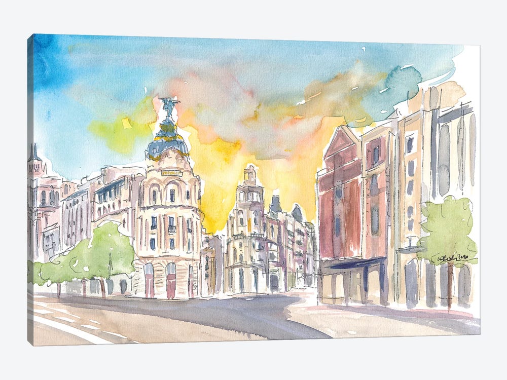 Gran Via Street Morning Scene In Madrid Spain by Markus & Martina Bleichner 1-piece Canvas Art