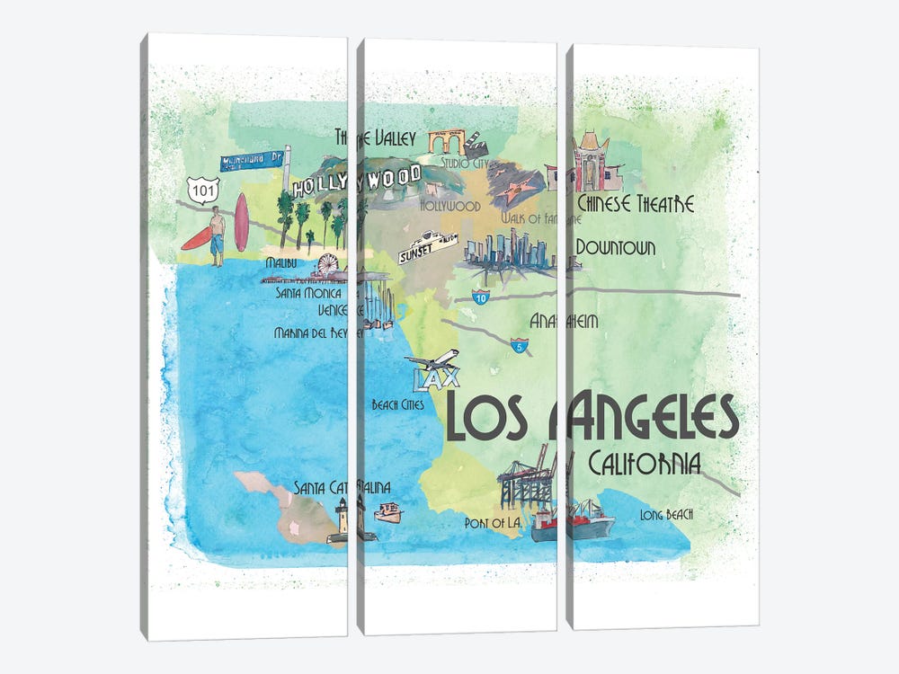Los Angeles,California Travel Poster by Markus & Martina Bleichner 3-piece Canvas Print