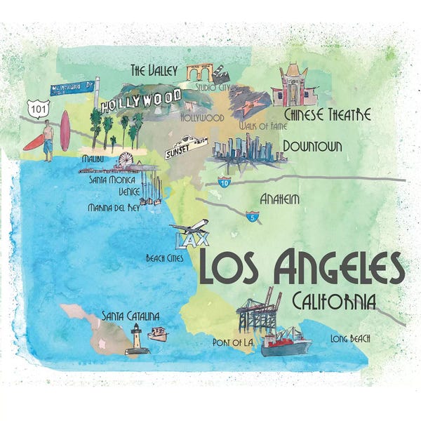 Kids Map Art: Los Angeles,California Travel Poster by Markus & Martina Bleichner