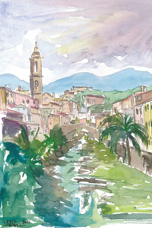 Italian Country Town Liguria with Creek And Bridge