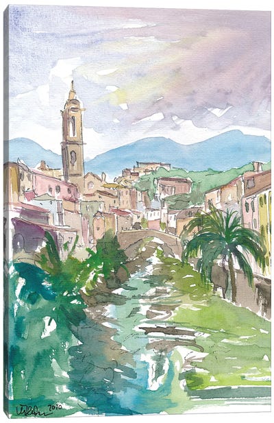 Italian Country Town Liguria with Creek And Bridge Canvas Art Print