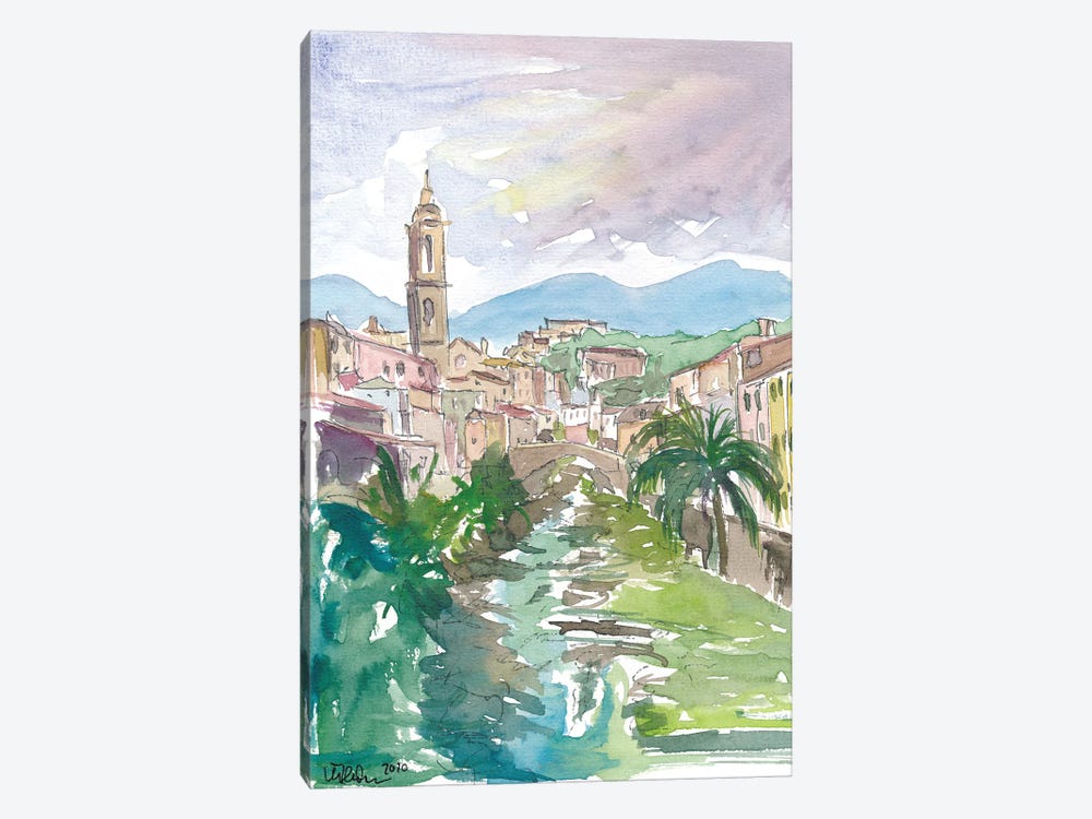Italian Country Town Liguria with Creek And Bridge by Markus & Martina Bleichner 1-piece Canvas Print