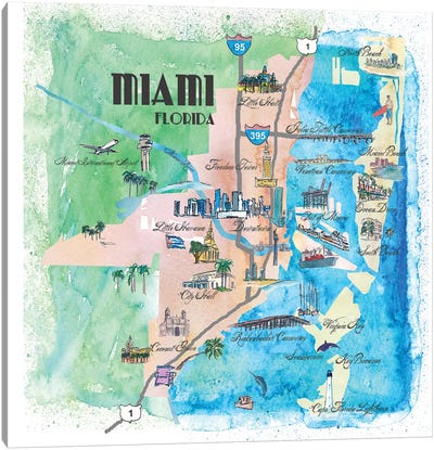 Miami, Florida Travel Poster Canvas Art Print - Miami Maps