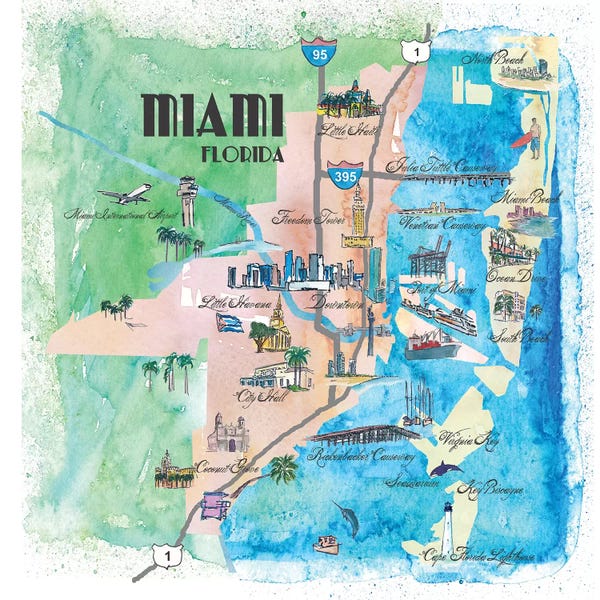 Kids Map Art: Miami, Florida Travel Poster by Markus & Martina Bleichner