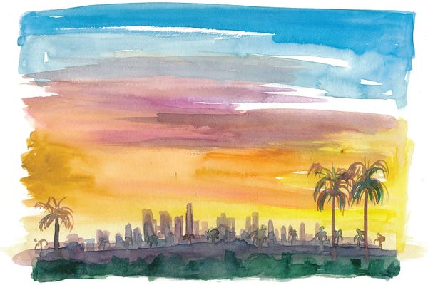 Markus & Martina Bleichner: Los Angeles California Skyline in Golden Sunset Mood by Markus & Martina Bleichner