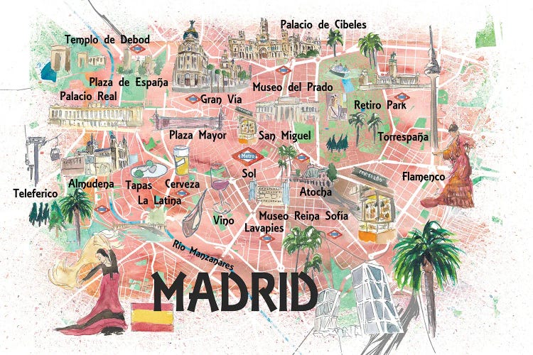 Madrid Spain Illustrated Travel Map with Roads Landmarks and Tourist Highlights