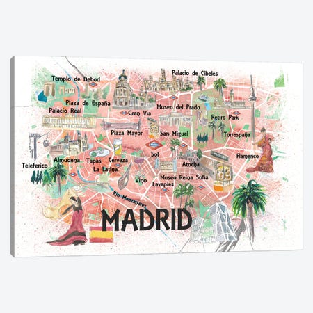 Madrid Spain Illustrated Travel Map with Roads Landmarks and Tourist Highlights Canvas Print #MMB242} by Markus & Martina Bleichner Art Print