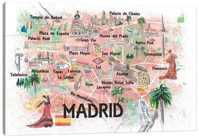Madrid Spain Illustrated Travel Map with Roads Landmarks and Tourist Highlights Canvas Art Print - Madrid Art