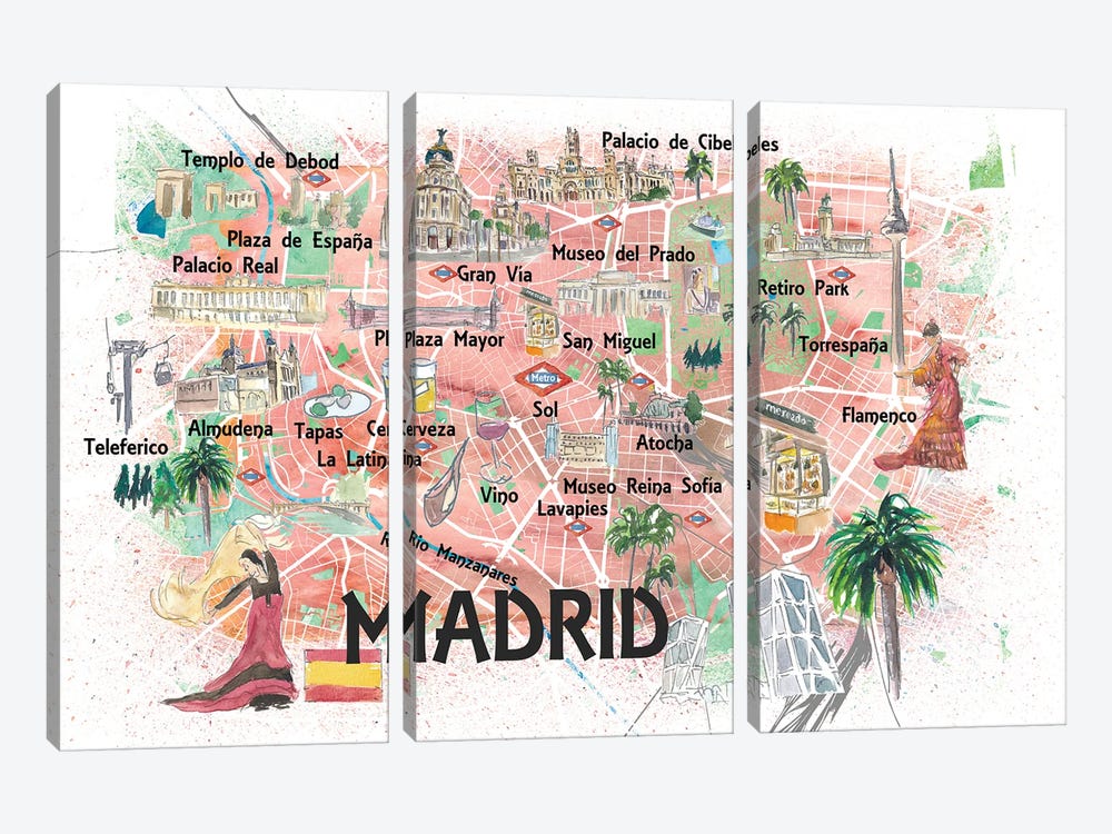 Madrid Spain Illustrated Travel Map with Roads Landmarks and Tourist Highlights by Markus & Martina Bleichner 3-piece Canvas Wall Art