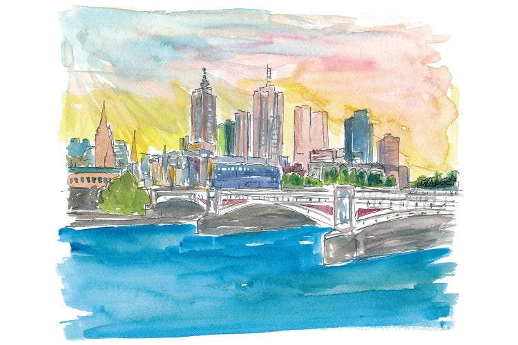 Melbourne Australia Skyline with Yarra River At Sunset