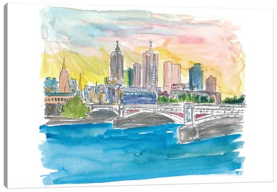 Melbourne Australia Skyline with Yarra River At Sunset Canvas Art Print - Melbourne