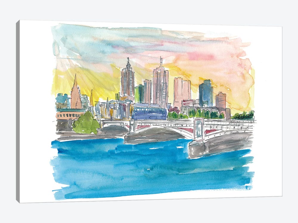 Melbourne Australia Skyline with Yarra River At Sunset by Markus & Martina Bleichner 1-piece Canvas Art Print