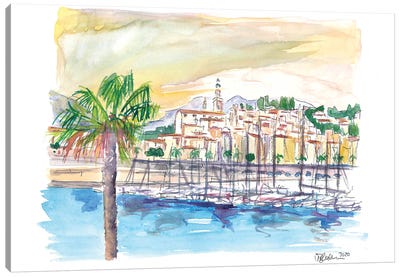 Menton Provence France Harbour Scene with Waterfront Canvas Art Print - Harbor & Port Art