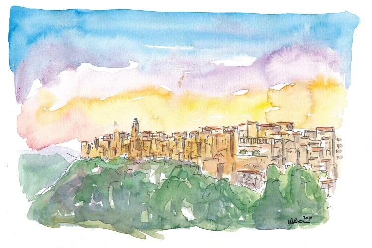 Pitigliano Grosseto Old Italian Skyline In The Evening