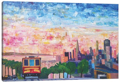 San Francisco Cable Car With Skyline and Bay Canvas Art Print - City Sunrise & Sunset Art