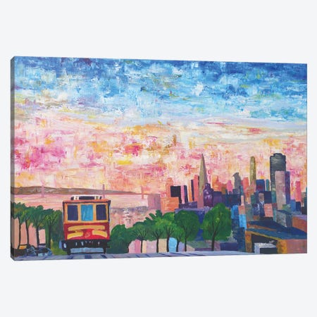 San Francisco Cable Car With Skyline and Bay Canvas Print #MMB259} by Markus & Martina Bleichner Canvas Artwork