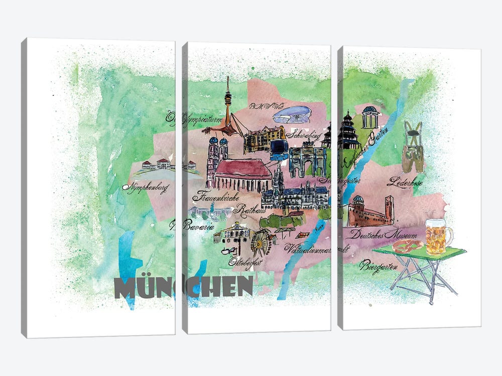 Muenchen, Bavaria, Germany Travel Poster by Markus & Martina Bleichner 3-piece Canvas Wall Art