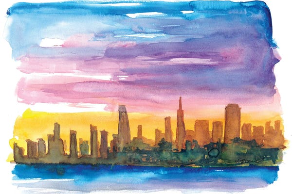 San Francisco Skylines: San Francisco Skyline in Golden Sunset Mood by Markus & Martina Bleichner