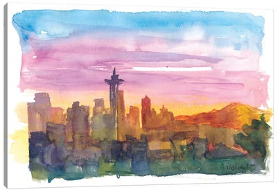Seattle Washington Skyline in Golden Sunset Mood Canvas Art Print - Seattle Art