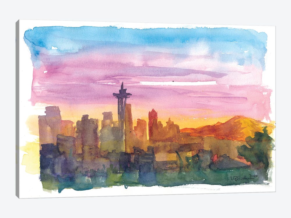 Seattle Washington Skyline in Golden Sunset Mood by Markus & Martina Bleichner 1-piece Canvas Print