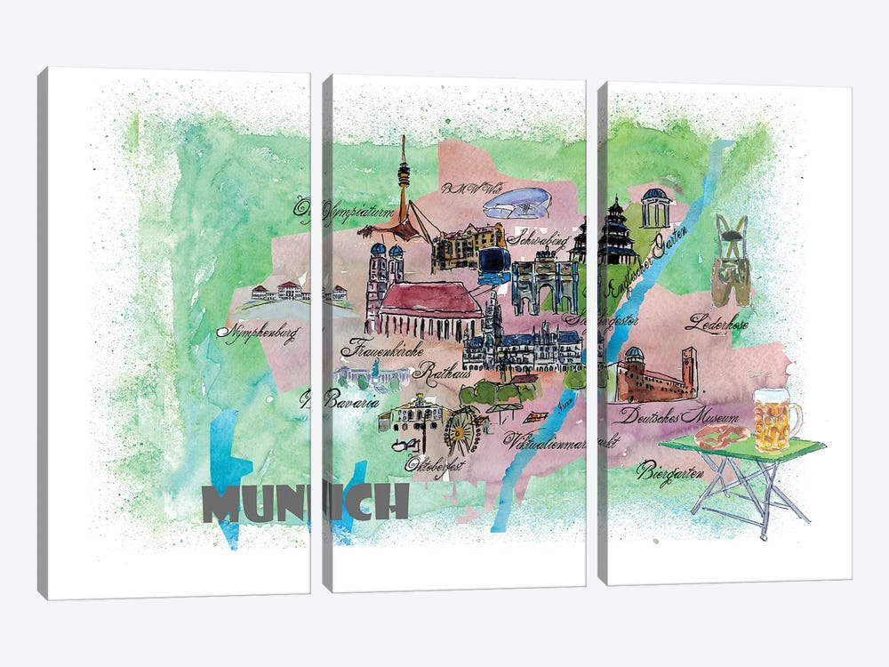 Munich, Bavaria, Germany Travel Poster by Markus & Martina Bleichner 3-piece Canvas Art Print
