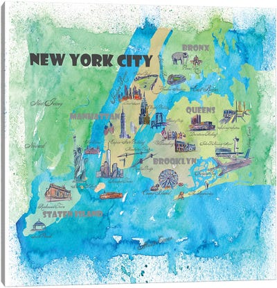 New York City, NY Travel Poster Canvas Art Print - New York City Map