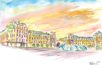 Munich Bavaria Stachus Place At Sunset by Markus & Martina Bleichner framed canvas print