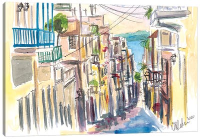 San Juan Puerto Rico Street Scene With Harbour VIew Canvas Art Print - Puerto Rico