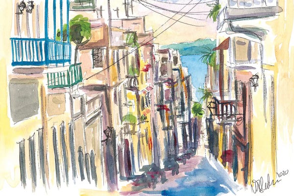 Markus & Martina Bleichner: San Juan Puerto Rico Street Scene With Harbour VIew by Markus & Martina Bleichner