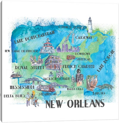 New Orleans, Louisiana Travel Poster Canvas Art Print - New Orleans Maps