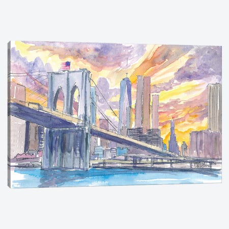Brooklyn Bridge At Sunset With Manhattan Skyline Canvas Print #MMB290} by Markus & Martina Bleichner Canvas Artwork