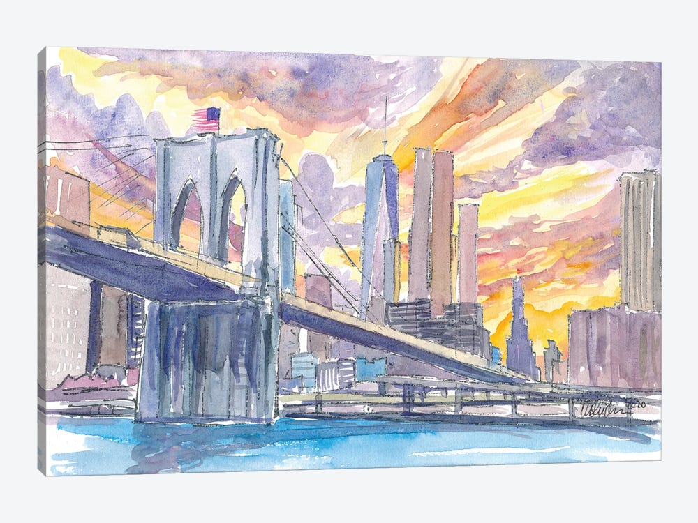 Brooklyn Bridge At Sunset With Manhattan Skyline by Markus & Martina Bleichner 1-piece Canvas Print