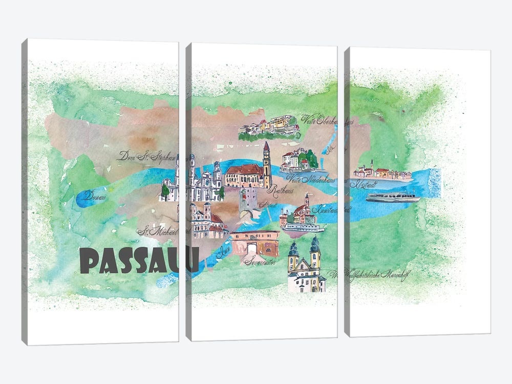 Passau, Bavaria, Germany Travel Poster by Markus & Martina Bleichner 3-piece Canvas Artwork