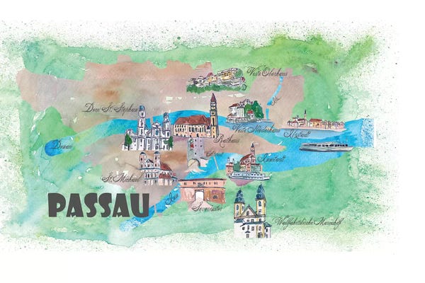 Kids Map Art: Passau, Bavaria, Germany Travel Poster by Markus & Martina Bleichner