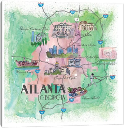 Atlanta, Georgia Travel Poster Canvas Art Print - Atlanta Maps
