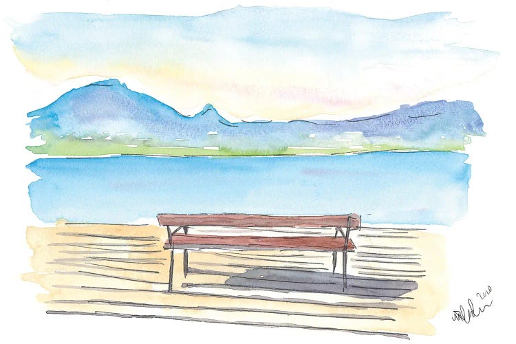 Full Tranquility With The Zen Bench On The Lake With Mountains