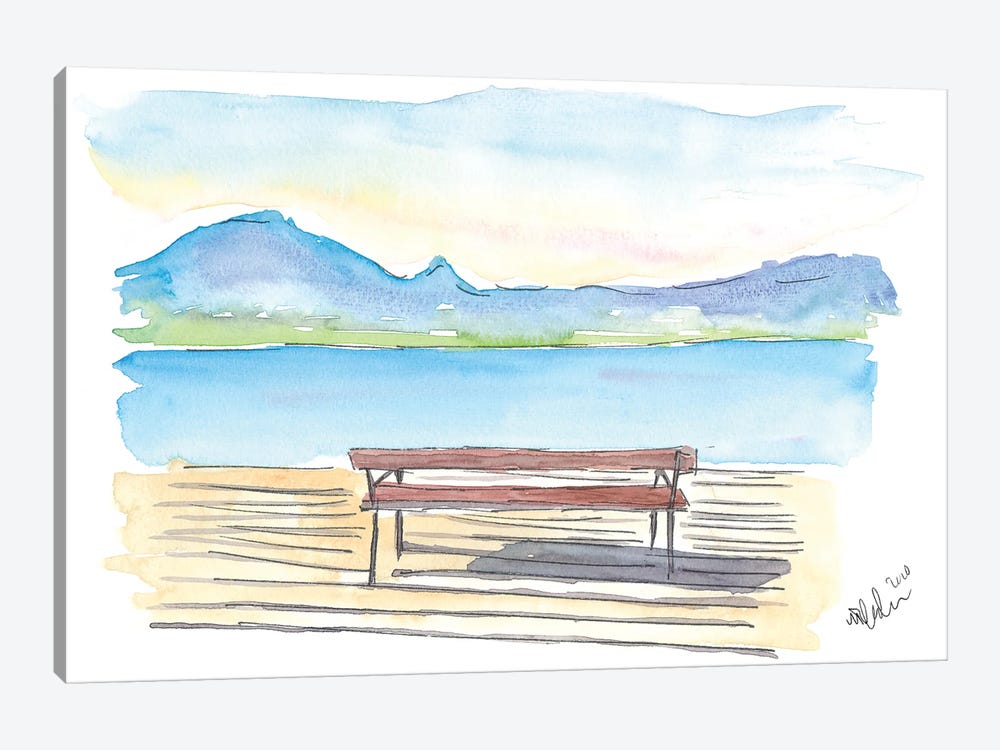 Full Tranquility With The Zen Bench On The Lake With Mountains by Markus & Martina Bleichner 1-piece Art Print