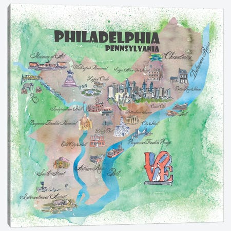 Philadelphia, Pennsylvania Travel Poster Canvas Print #MMB30} by Markus & Martina Bleichner Canvas Artwork