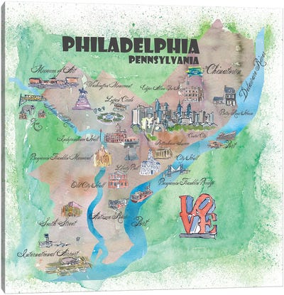 Philadelphia, Pennsylvania Travel Poster Canvas Art Print - Philadelphia Maps