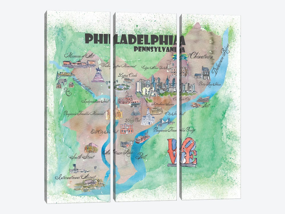 Philadelphia, Pennsylvania Travel Poster by Markus & Martina Bleichner 3-piece Canvas Wall Art