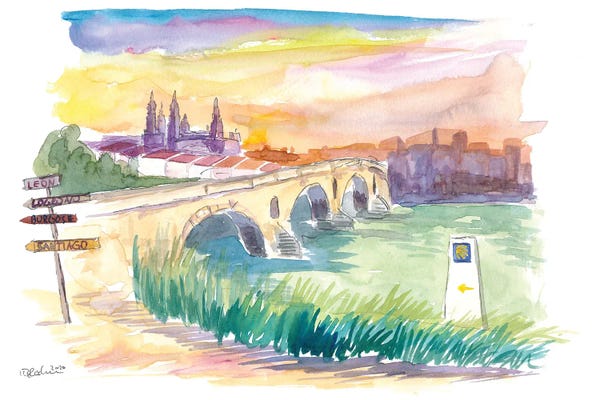 Markus & Martina Bleichner: Camino To Santiago Puente De La Reina With Signpost by Markus & Martina Bleichner