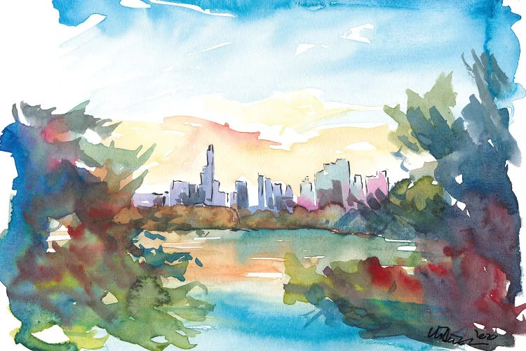 New York Skyline View From Central Park With Pond