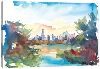New York Skyline View From Central Park With Pond Canvas Art Print - Central Park