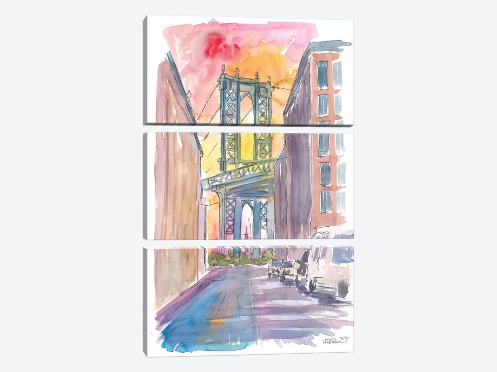 Very Special View To Manhattan Bridge New York At Sunset by Markus & Martina Bleichner 3-piece Canvas Print