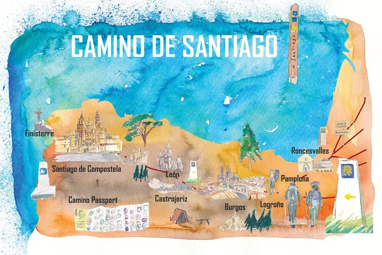 Camino Santiago St Jacques James Travel Poster Favorite Map Pilgrimage Highlights by Markus & Martina Bleichner canvas print