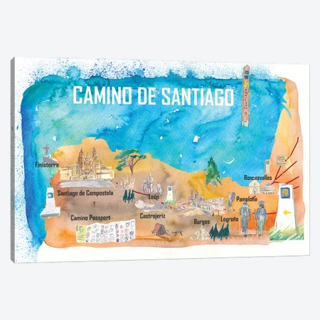 Camino Santiago St Jacques James Travel Poster Favorite Map Pilgrimage Highlights Canvas Print #MMB327} by Markus & Martina Bleichner Art Print