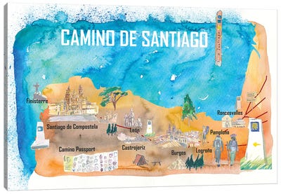 Camino Santiago St Jacques James Travel Poster Favorite Map Pilgrimage Highlights Canvas Art Print - Markus & Martina Bleichner