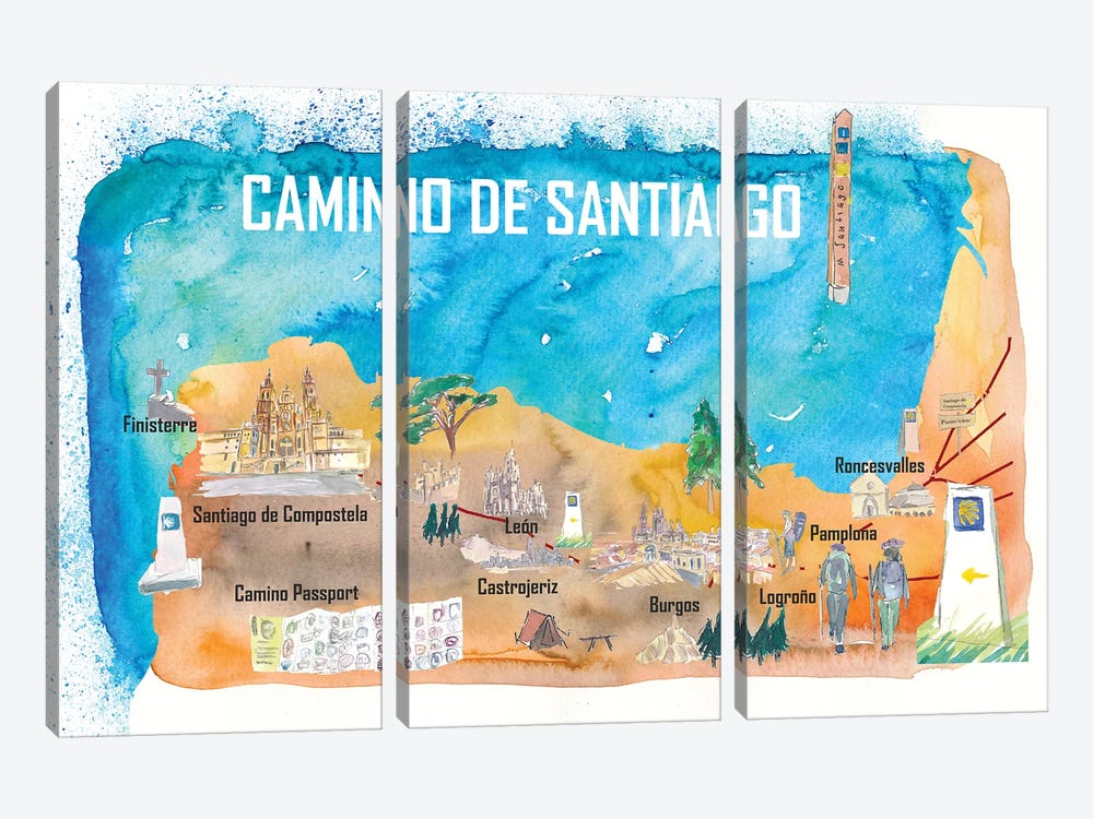 Camino Santiago St Jacques James Travel Poster Favorite Map Pilgrimage Highlights by Markus & Martina Bleichner 3-piece Canvas Art