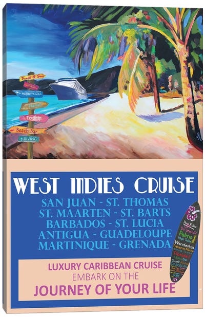 West Indies Cruise Retro Travel Poster Canvas Art Print - Cruise Ship Art