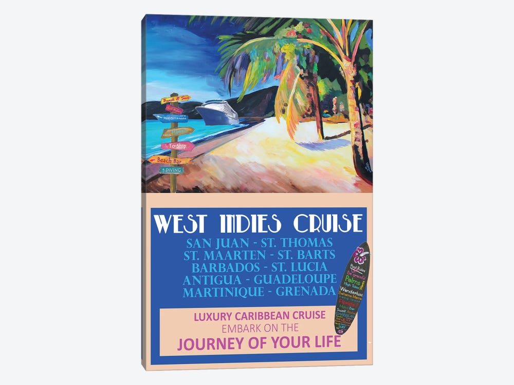 West Indies Cruise Retro Travel Poster by Markus & Martina Bleichner 1-piece Canvas Art Print
